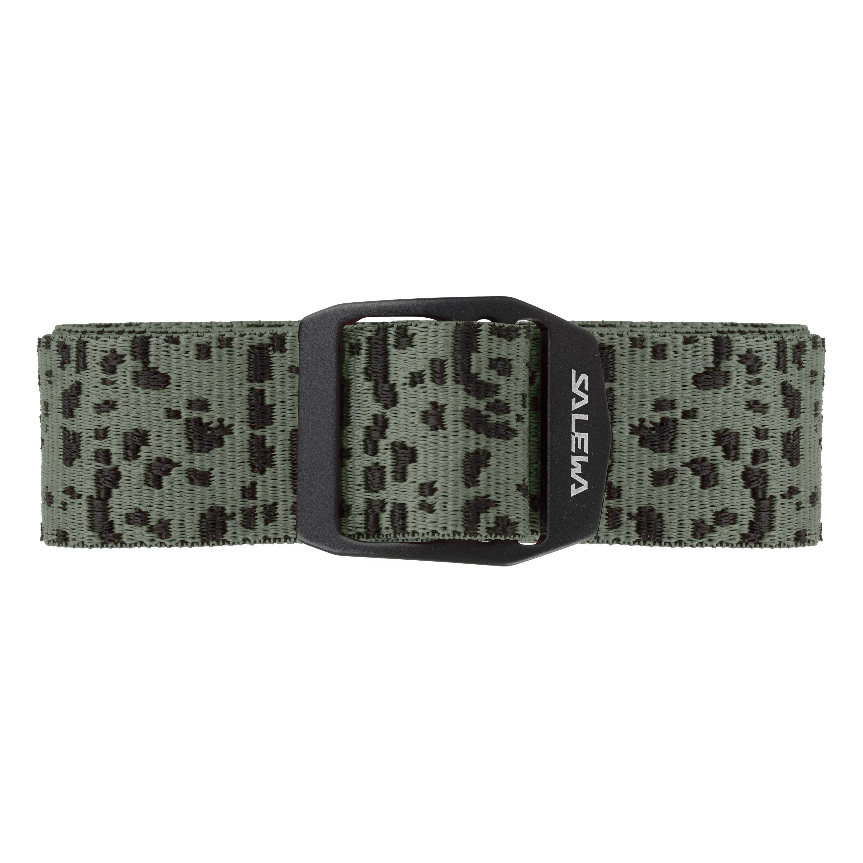 Hosengürtel Stretch Belt in Salamander Green mit schwarzer Schnalle und dunklen Flecken auf grünem Grund.