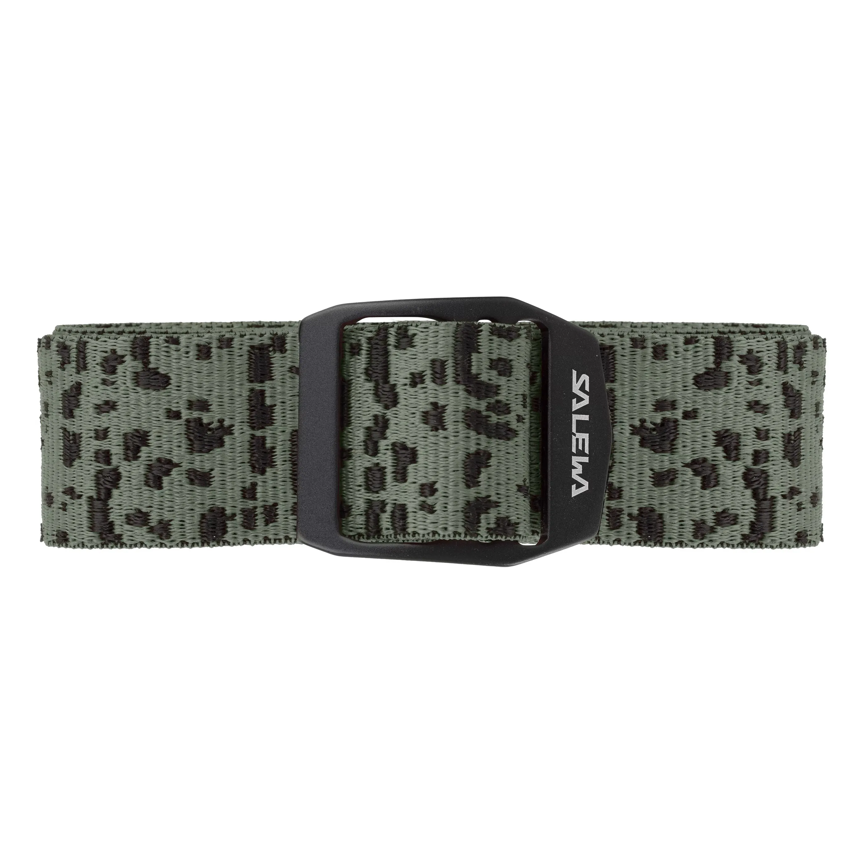 Trouser belt Stretch Belt in Salamander Green with black buckle and dark spots on a green background.