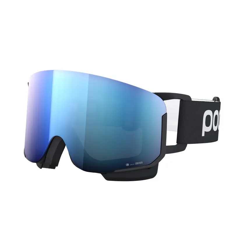 Lunettes de ski noires avec écran bleu réfléchissant et logo blanc sur le bandeau noir.