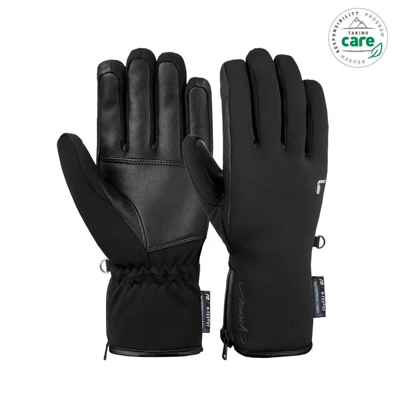 Two black Reusch Tiffany R-TEX XT gloves, one with leather palm, details like zipper recognizable.