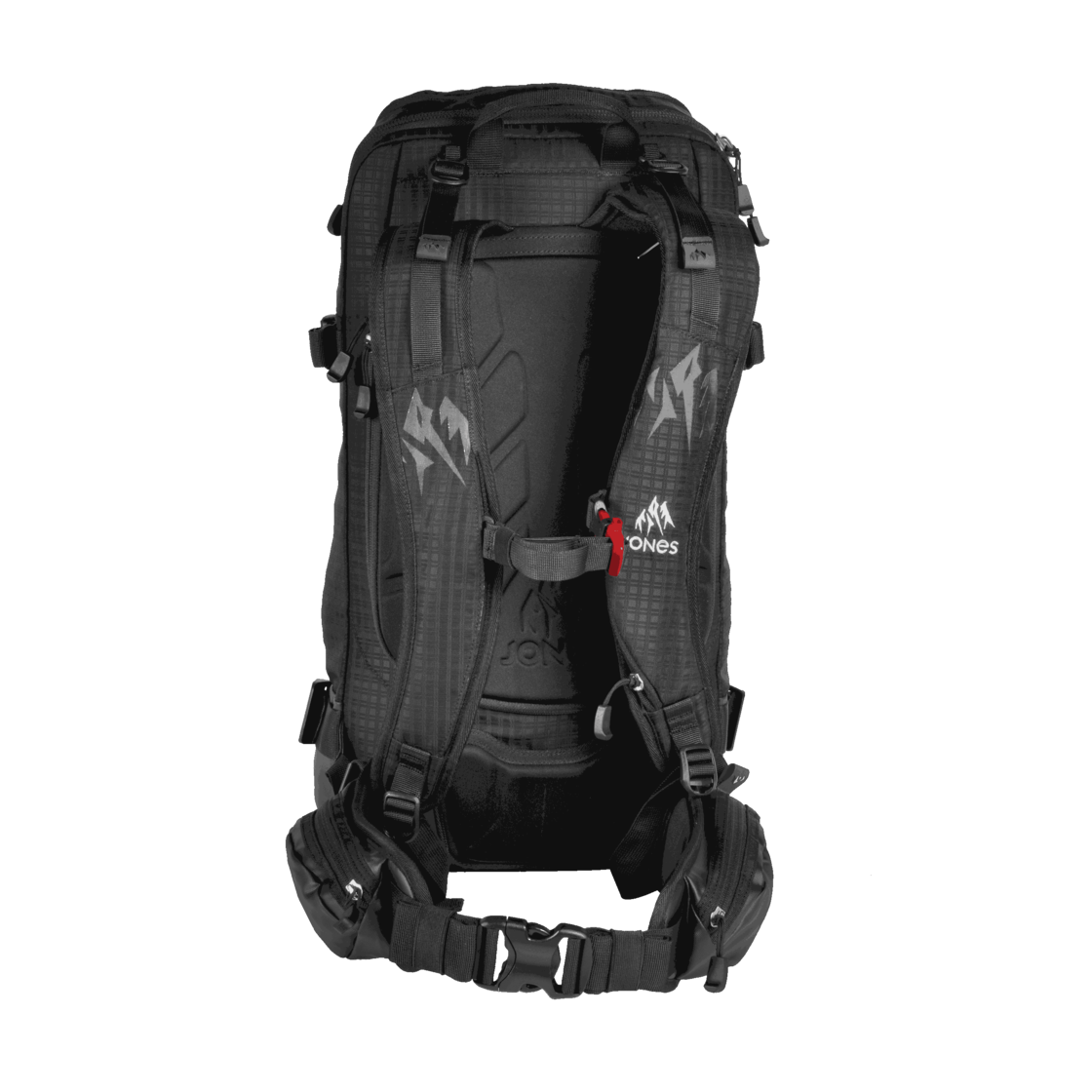 Schwarzer Rucksack hinten Schwarzer Jones DSCNT 32L Rucksack von hinten. Tragegurte, Hüftgurt und Fächer sind sichtbar.