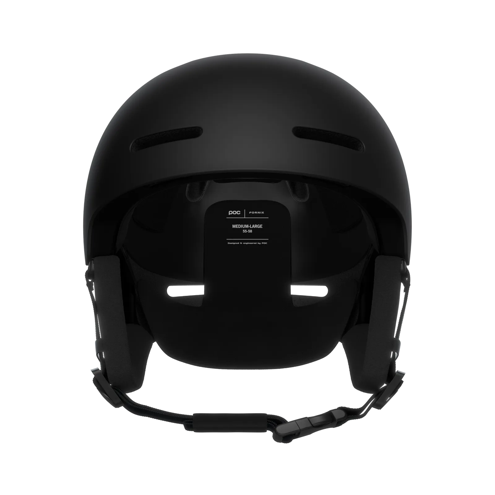 Schwarzer POC Fornix Mips Skihelm von hinten, mit Ohrpolstern und Kinnriemen. Belüftungsöffnungen sichtbar.