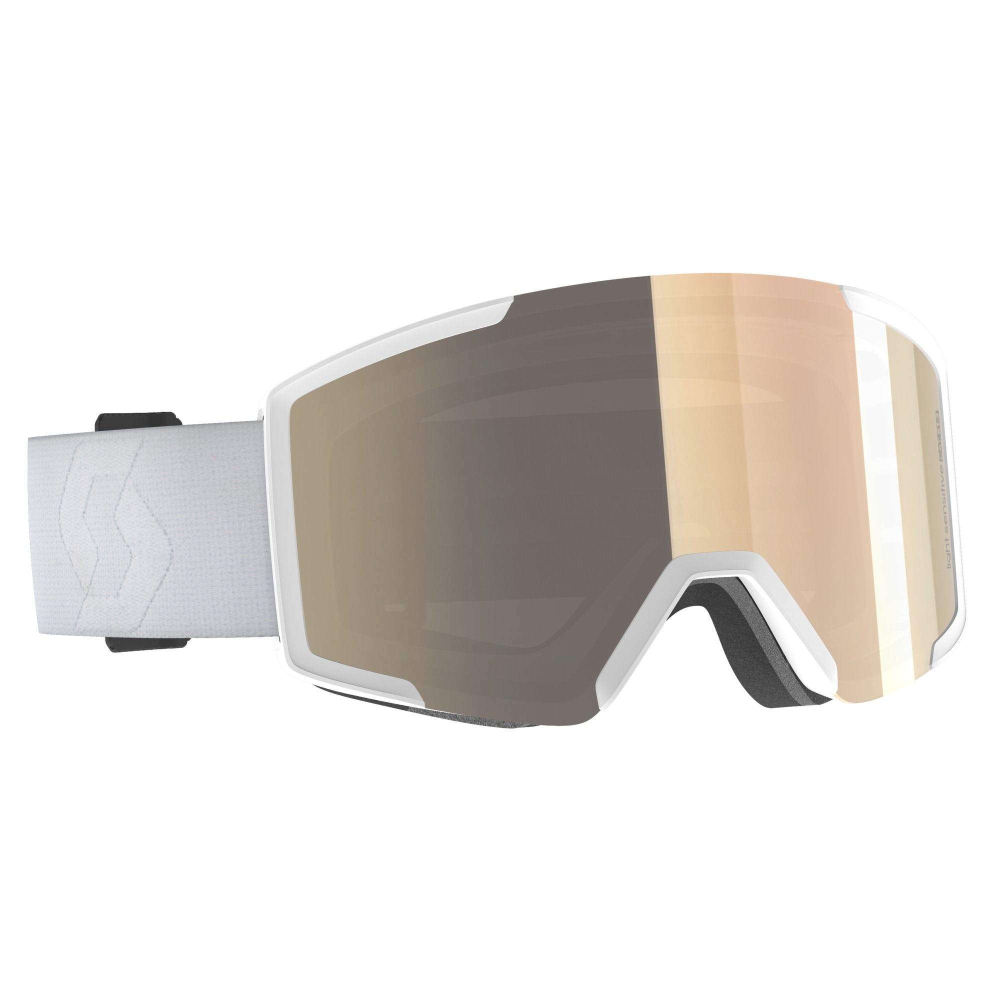 Weiße Scott Shield Goggle LS mit zylindrischer Amplifier-Scheibe und breitem Brillenband.