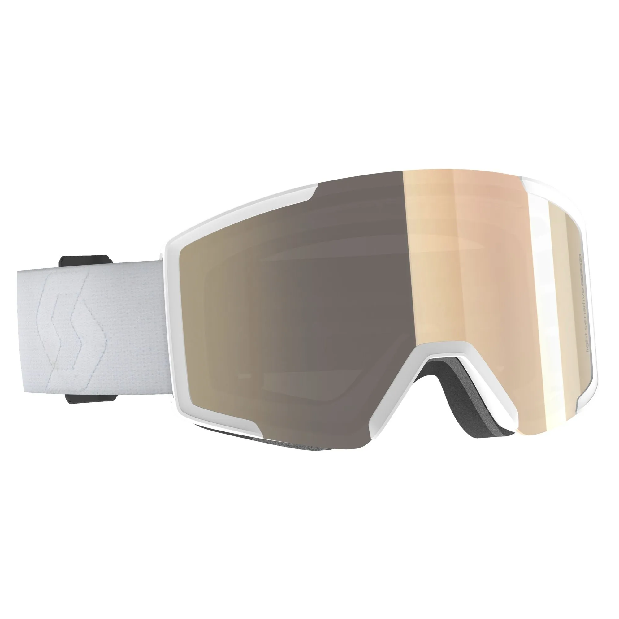 Weiße Scott Shield Goggle LS mit zylindrischer Amplifier-Scheibe und breitem Brillenband.