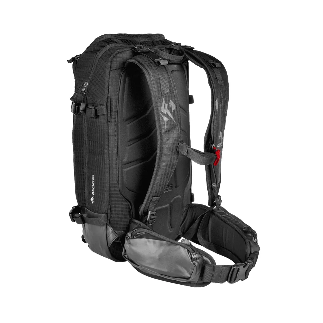 Zaino nero DSCNT 25L di Jones, con spallacci e cintura sul fianco dalla schiena. La parte posteriore termoformata è visibile.