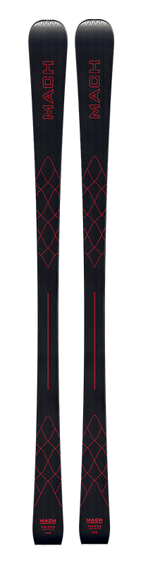 Schwarze Ski, rotes Rautenmuster und Schriftzug "MACH FALCON GT" auf Ober- und Unterseite.