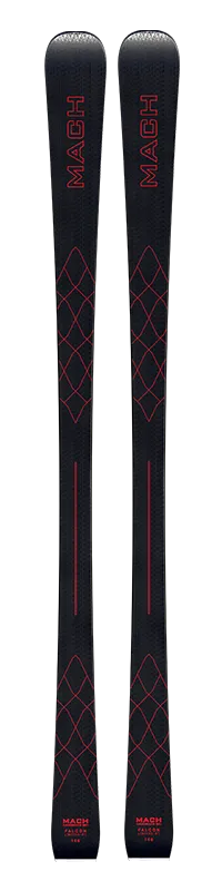 Black skis, red diamond pattern and "MACH FALCON GT" lettering on the top and bottom.