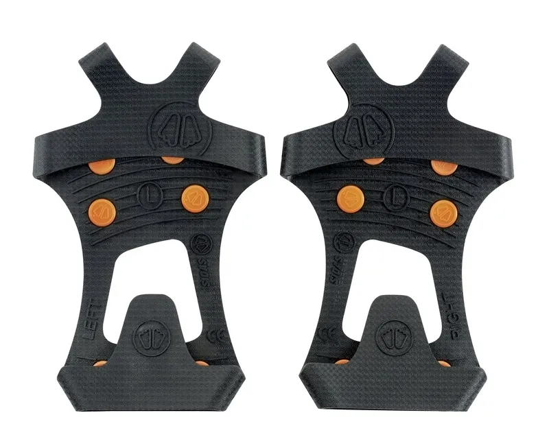 Two black Sidas Walk Traction shoe claws, front view, with orange studs.