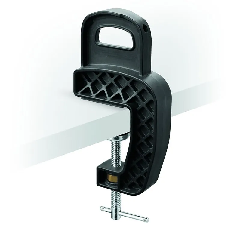 Black Toko Express BC Ski Vise Centerpiece on a white background. Close-up of the screw clamp with handle and ribbed structure.