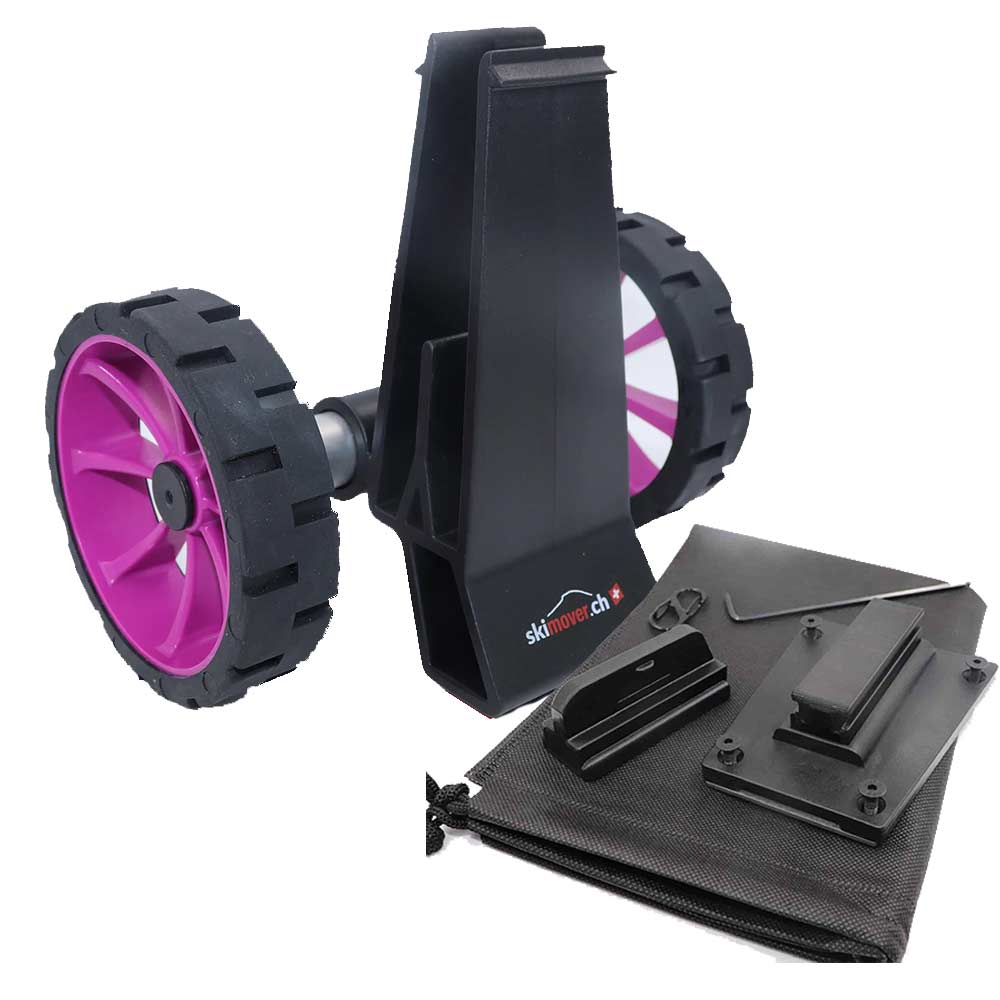 SUPmover Räder Magenta SUPdual, Transporthelfer mit Rädern und Zubehör auf einem schwarzen Beutel.