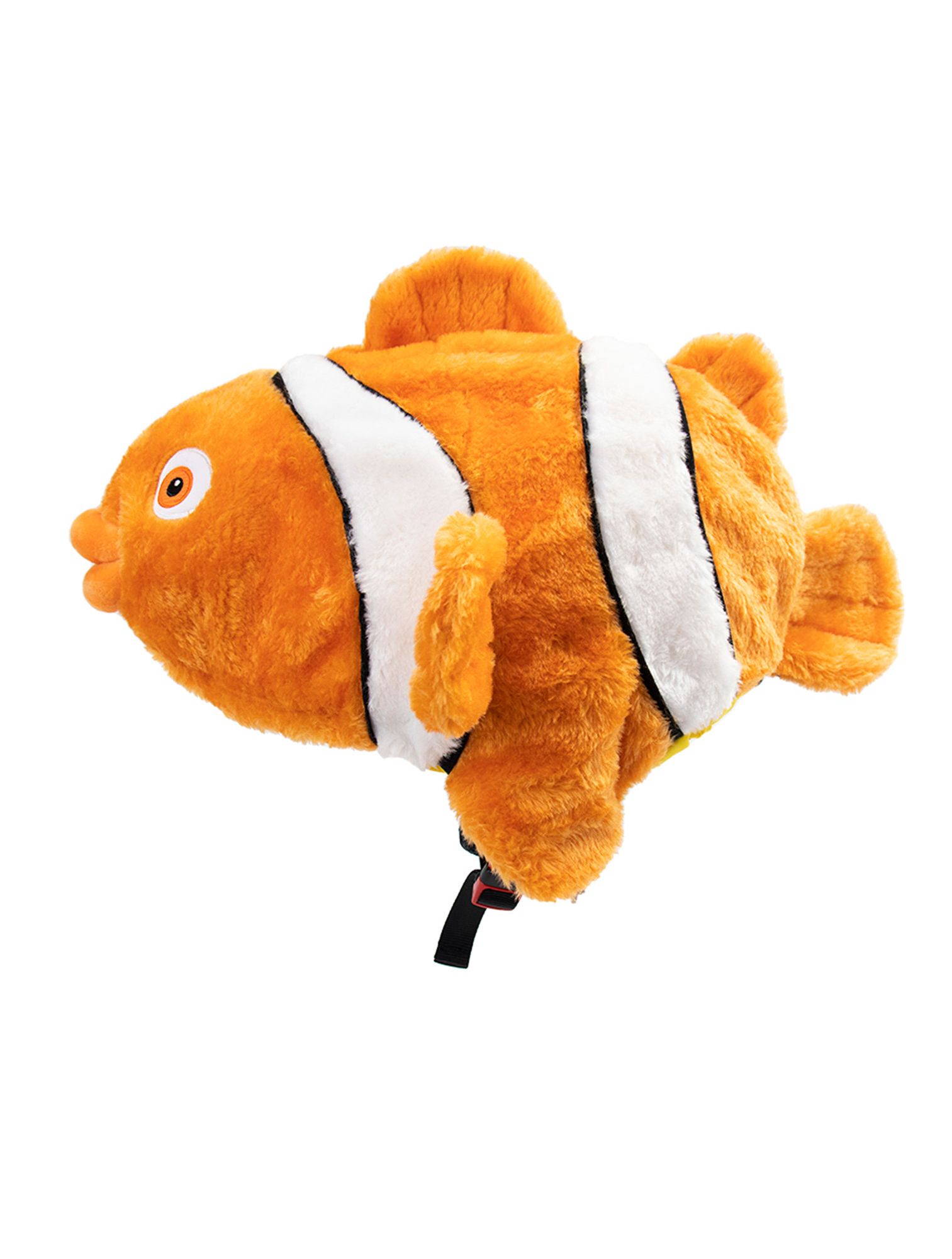 Ein orangefarbener, plüschiger Clownfisch mit weißen Streifen und einem kleinen Auge.