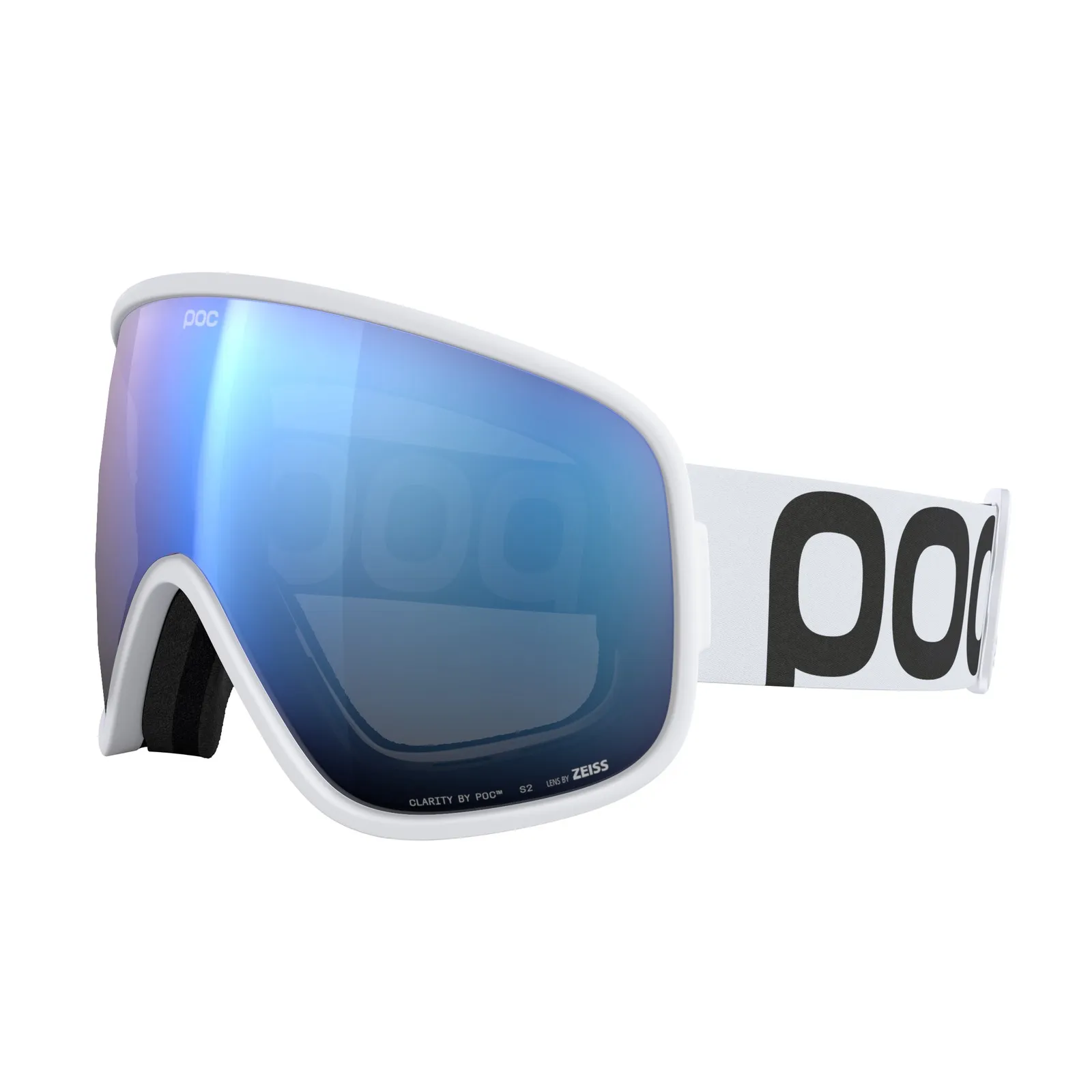 White POC Vitrea ski goggles with blue Partly Sunny Blue lens, side view.