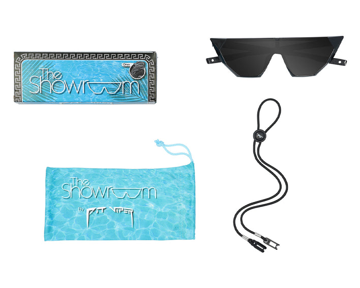 Onyx Sonnenbrille mit Etui, Brillenputztuch und Brillenband auf einem weißen Hintergrund.