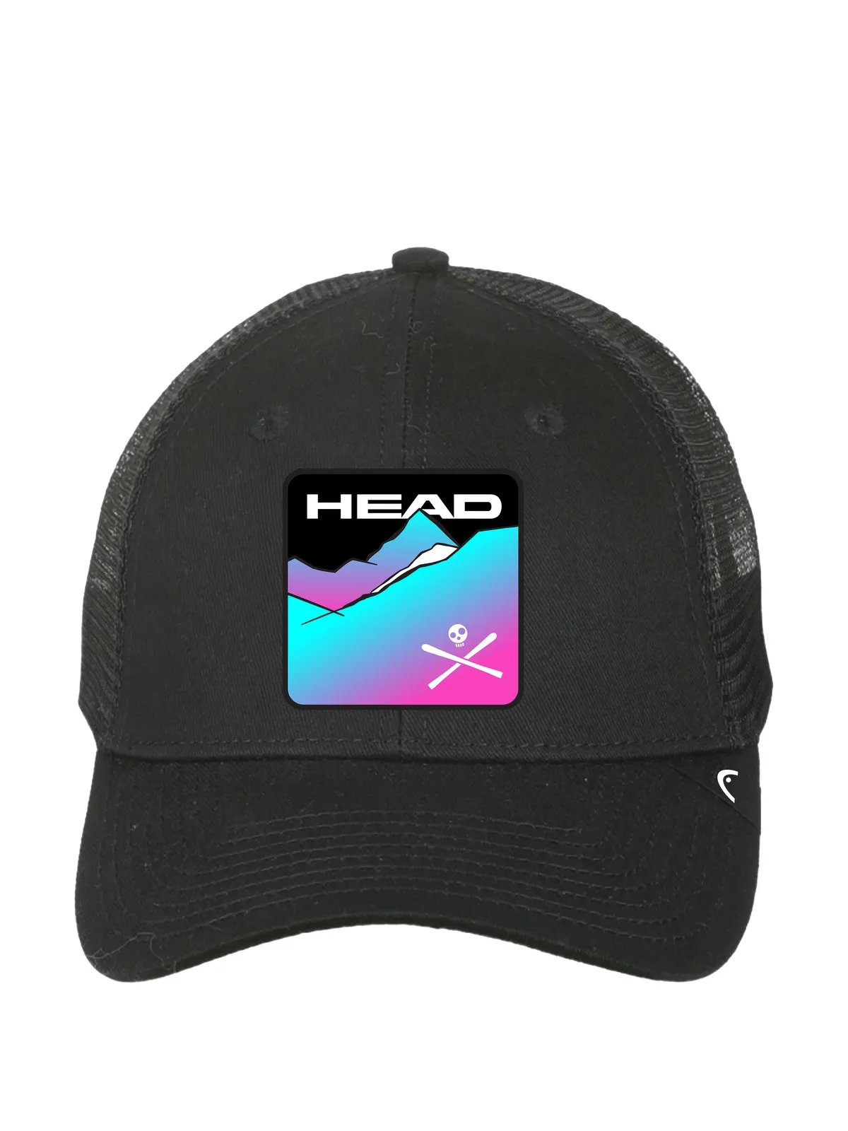 Black cap with logo showing a stylized mountain landscape, the lettering "HEAD" and crossed skis with a skull.