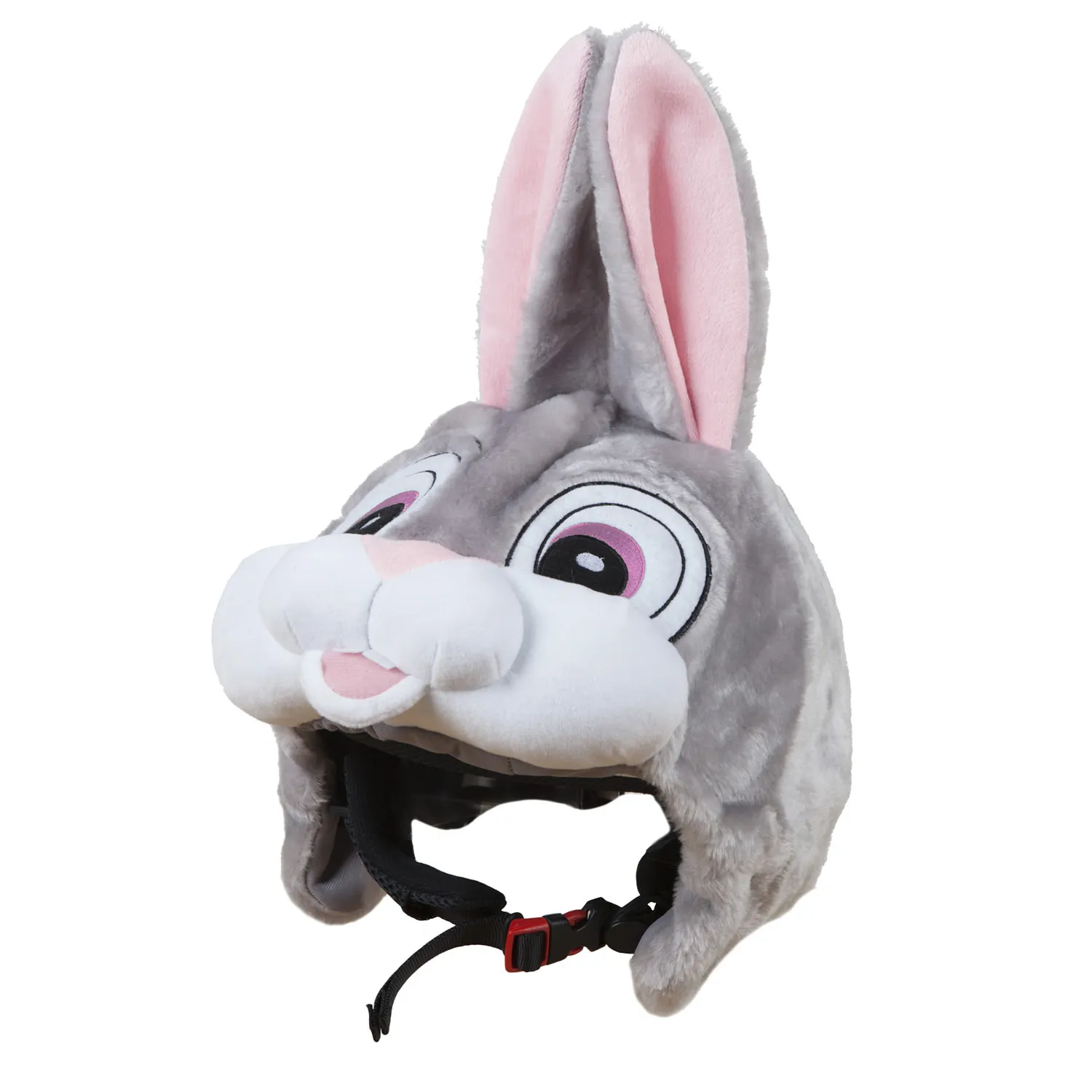 Grauer Skihelm Bezug mit Kaninchengesicht und langen Ohren, rote Schnalle.
