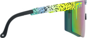 Profilansicht der Pit Viper The Rec Beach Sonnenbrille mit blau-lila polarisierten Gläsern und gelb-schwarzem Muster.