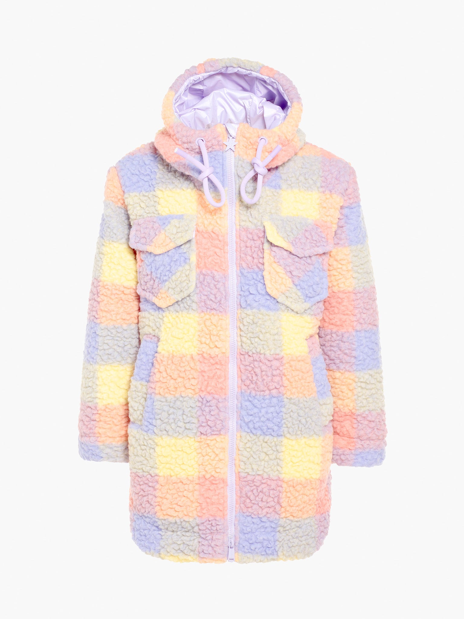 Chad Jacket: Lang geschnittene, karierte Lammfell-Jacke mit Kapuze in Pastellfarben und Reißverschluss.
