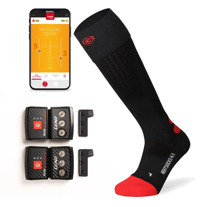 Black and red Lenz Heat Sock, rechargeable battery and app to control the heating socks.