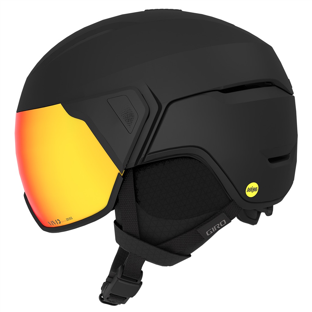 Casque de ski noir Giro Orbit Mips Spherical Vivid avec visière et sangle orange.