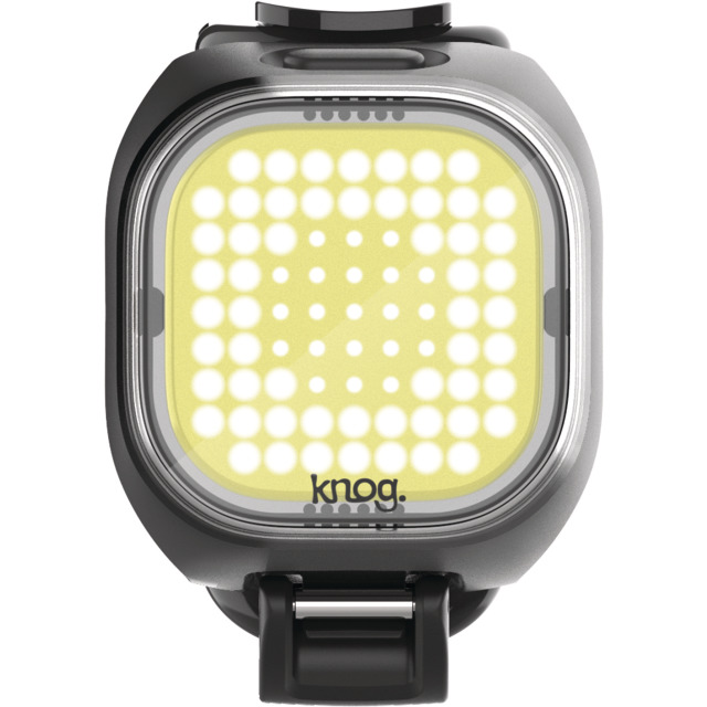 Knog Blinder Mini Square Frontleuchte, quadratisch, mit gelbem LED-Punktmuster und Markenlogo.