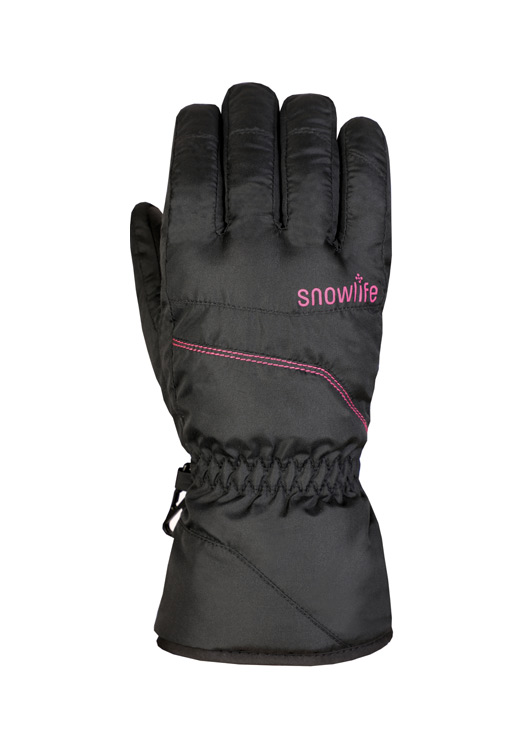 Schwarzer, wasserabweisender Snowlife Scratch Glove Lady mit pinkfarbenem Logo und Ziernähten.