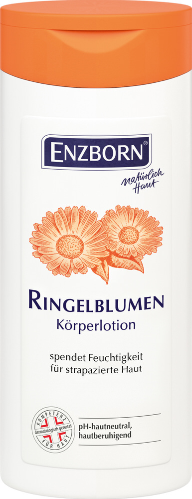 Weiße Flasche Ringelblumen Körperlotion mit orangem Deckel und Ringelblumen-Abbildung.