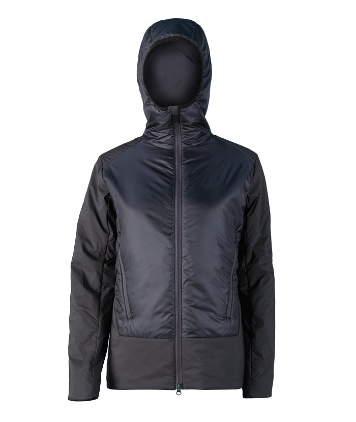 Dunkelblaue Steppjacke für Damen Dunkelblaue, gesteppte Lenz Padded Jacket R2H 2.0 Women mit Kapuze und durchgehendem Reißverschluss.