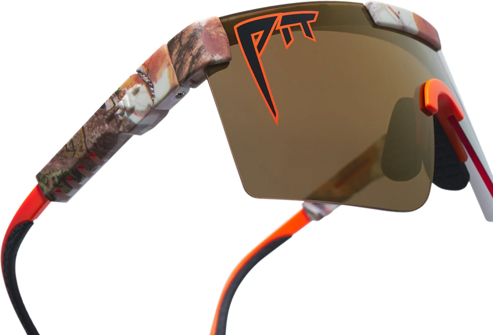 Close-up: Pit Viper The Actual Bush sunglasses, polarized gold lenses, camouflage pattern on the frame.