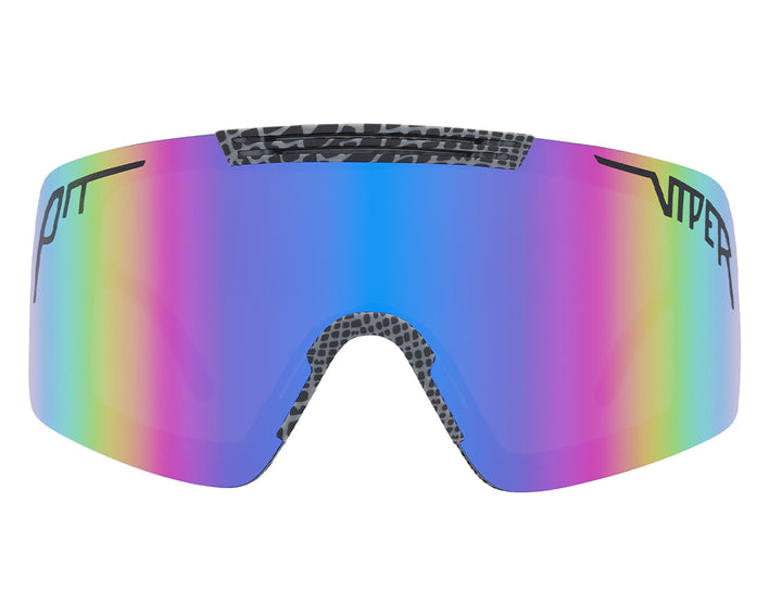 Synthesizer Sonnenbrille Mangrove, Frontansicht: Farbverlauf von Pink zu Blau auf dem Glas, Rahmen mit Reptilienmuster.