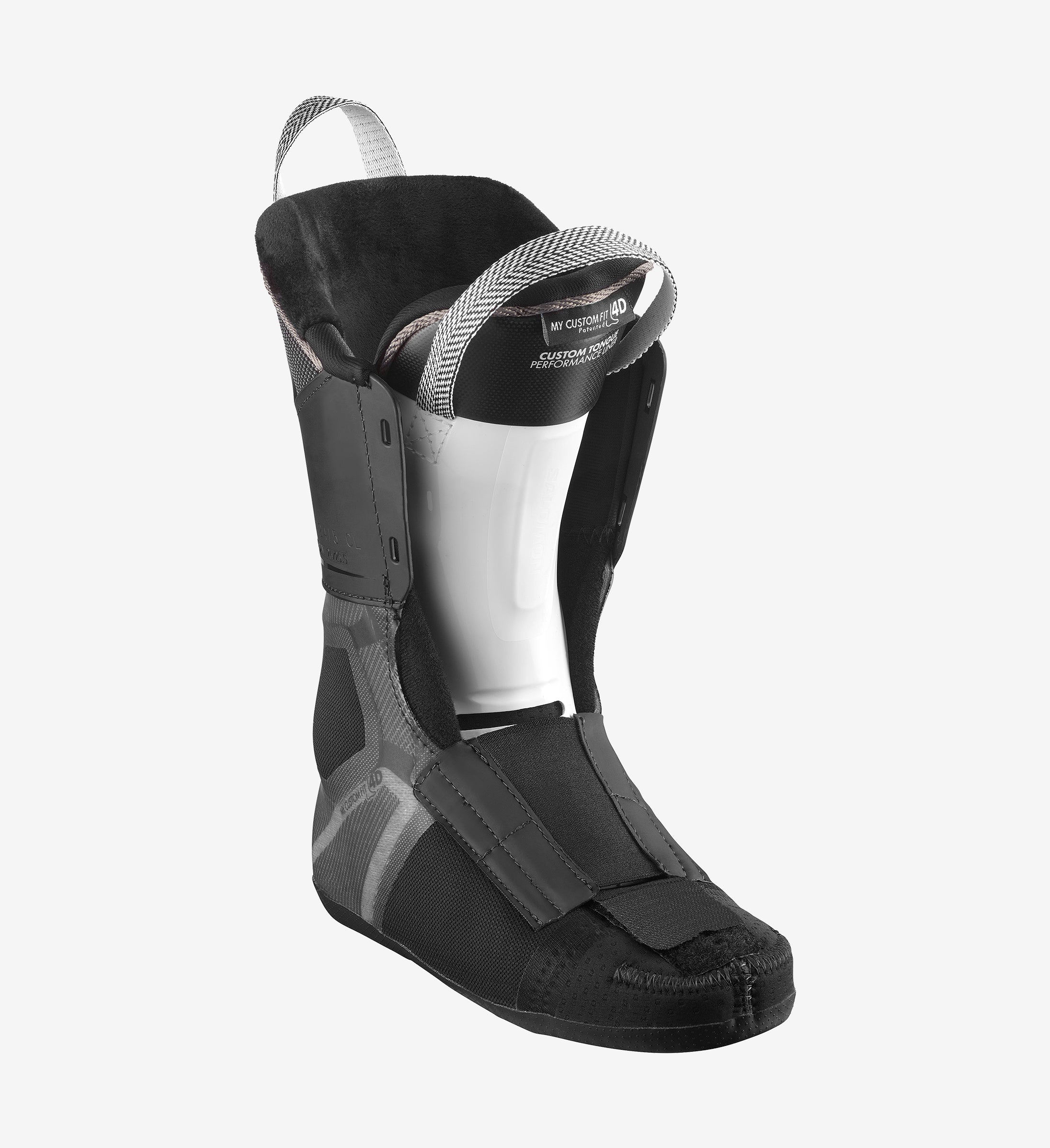 Innenansicht des Salomon S/PRO ALPHA 110 W Skischuhs, Fokus auf Innenschuh mit Zugschlaufe und "My Custom Fit 4D" Aufdruck.