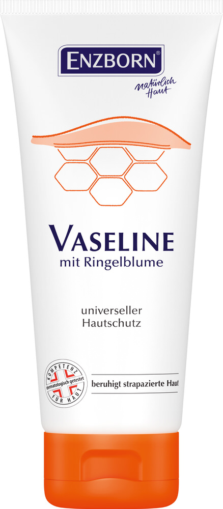 Tube blanc Enzborn Vaseline avec calendula et couvercle orange.