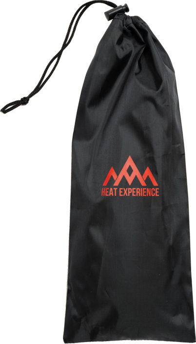Beheizbarer Logo Beutel Schwarzer Beutel mit rotem "Heat Experience" Logo und Kordelzug für beheizbare Sohlen.