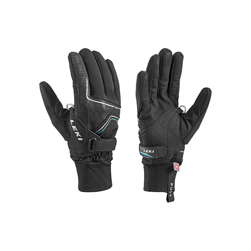 Zwei schwarze Leki Nordic Thermo Shark Handschuhe, linker Handschuh mit Handfläche nach oben, rechter mit Handfläche nach unten.