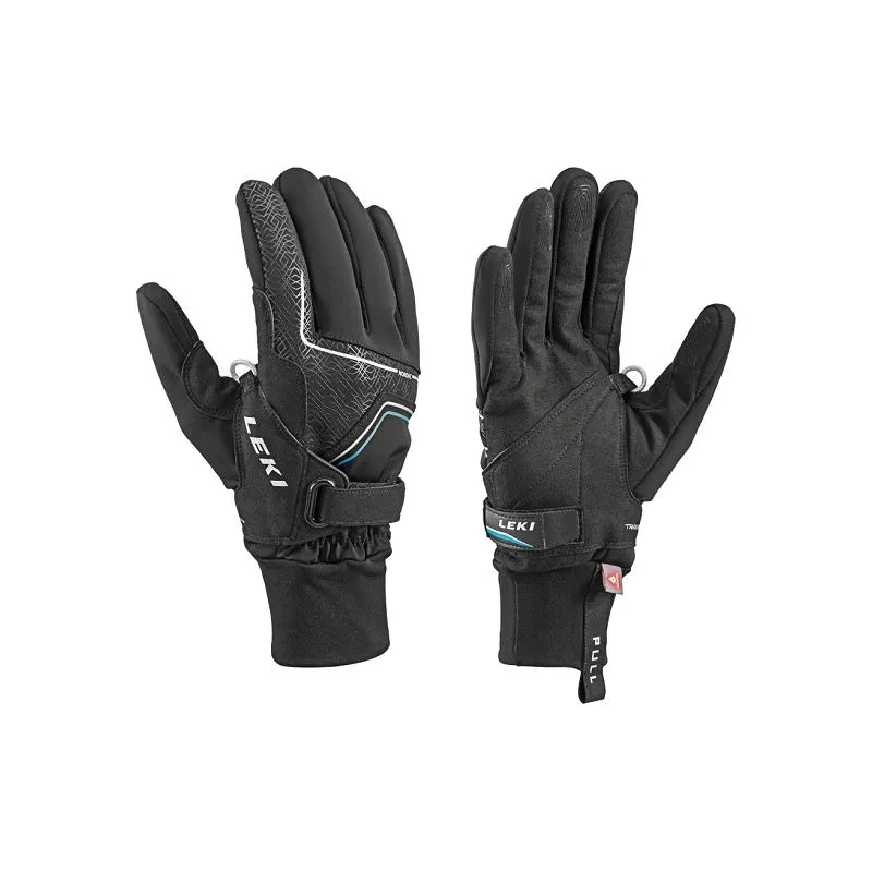 Zwei schwarze Leki Nordic Thermo Shark Handschuhe, linker Handschuh mit Handfläche nach oben, rechter mit Handfläche nach unten.