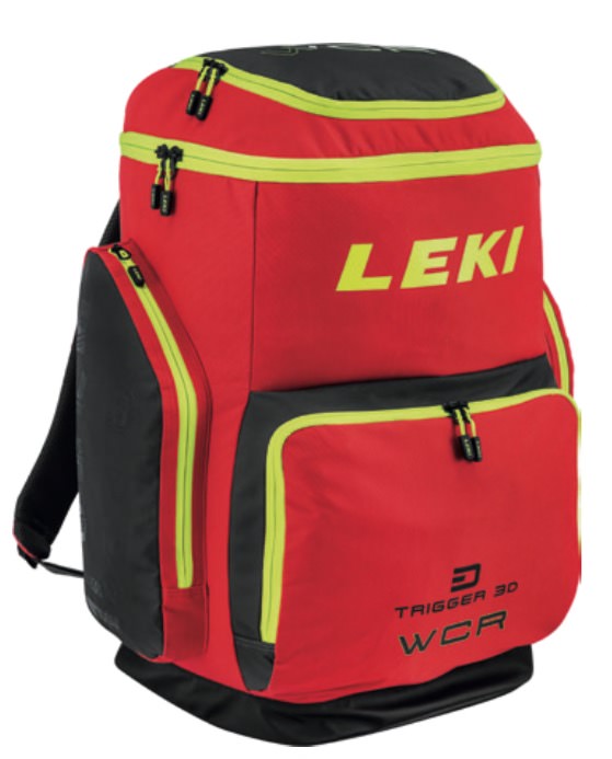Roter Leki Bootbag WCR 85L mit schwarzen Details und gelben Akzenten, Frontansicht.
