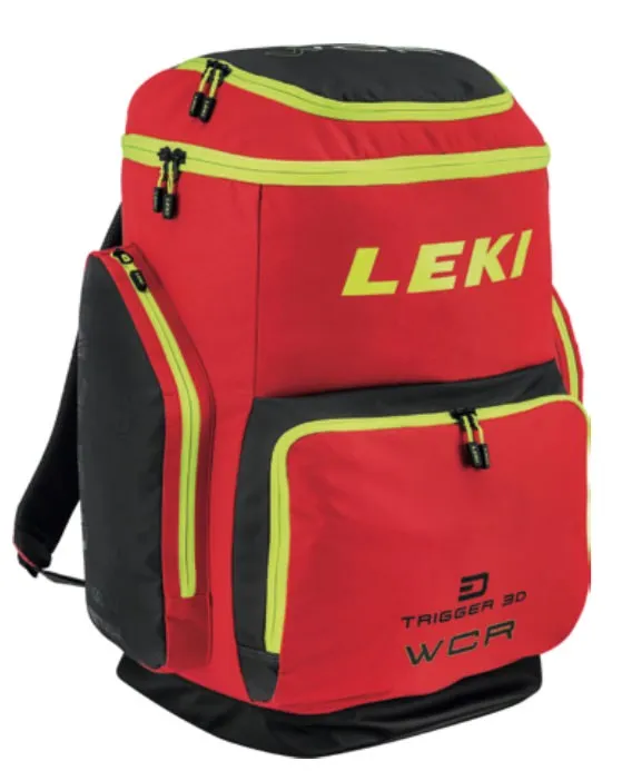 Bootbag rouge Leki WCR 85L avec détails noirs et accents jaunes, vue de face.