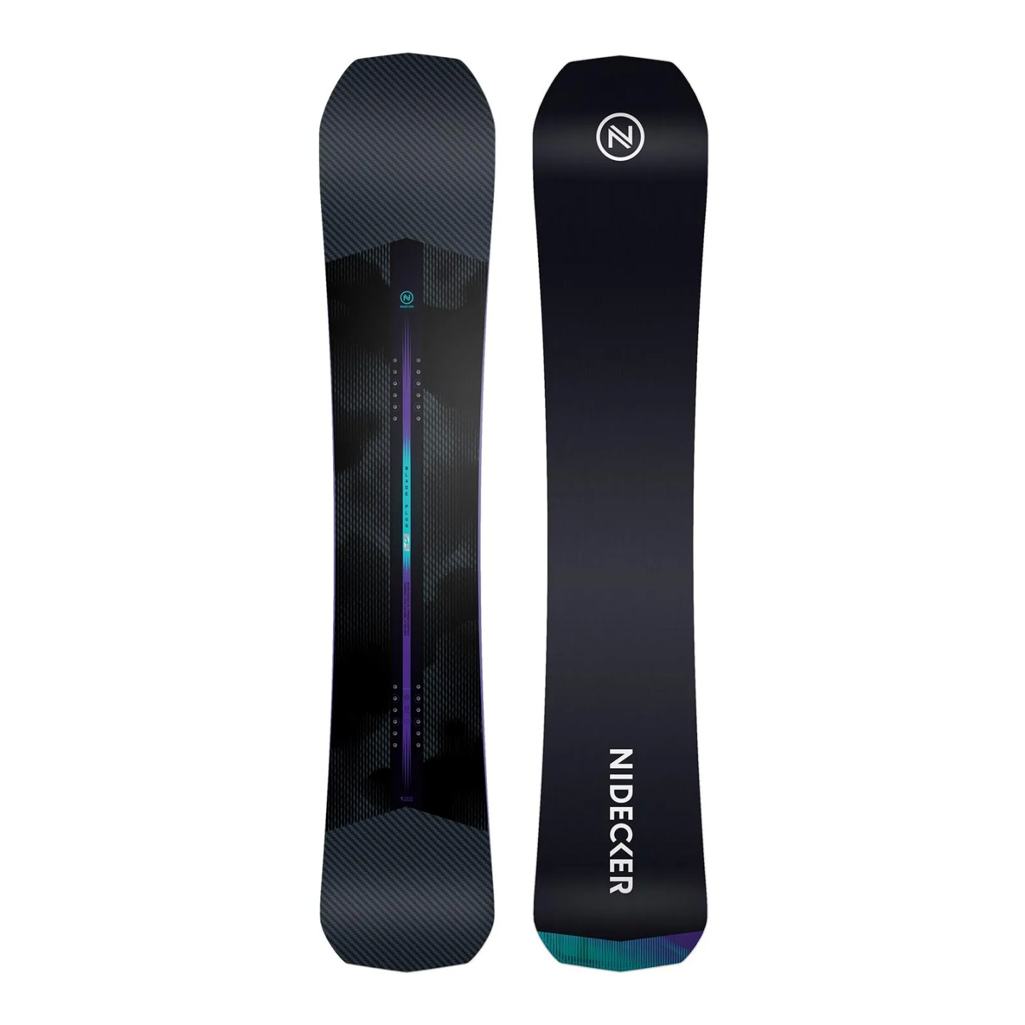Zwei Nidecker Blade Plus Snowboards, eines mit Oberseite und eines mit Unterseite, nebeneinander auf weißem Hintergrund.