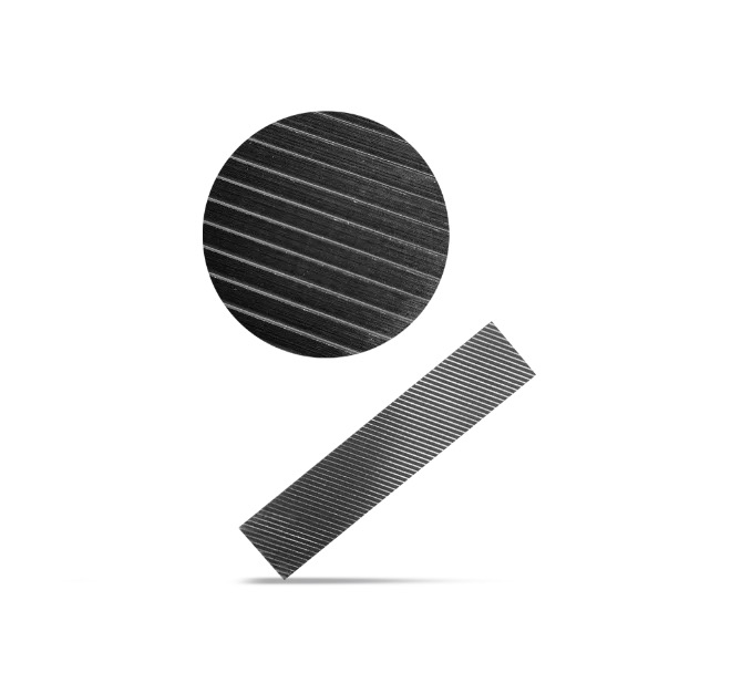 Two dark gray, rectangular and round metal pieces with a fine, parallel diagonal texture rest on a white background. The surface displays the typical abrasive texture of a file, ideal for precise grinding and sharpening.