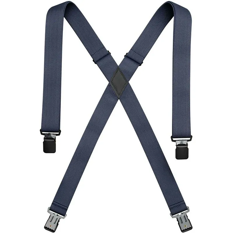 Marineblaue Hosenträger im X-Muster mit silbernen und schwarzen Clips.