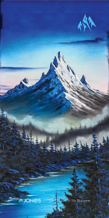 Illustration des Alpine Vibes Designs für den blauen Jones Neck Warmer mit schneebedeckten Bergen und blauem See.