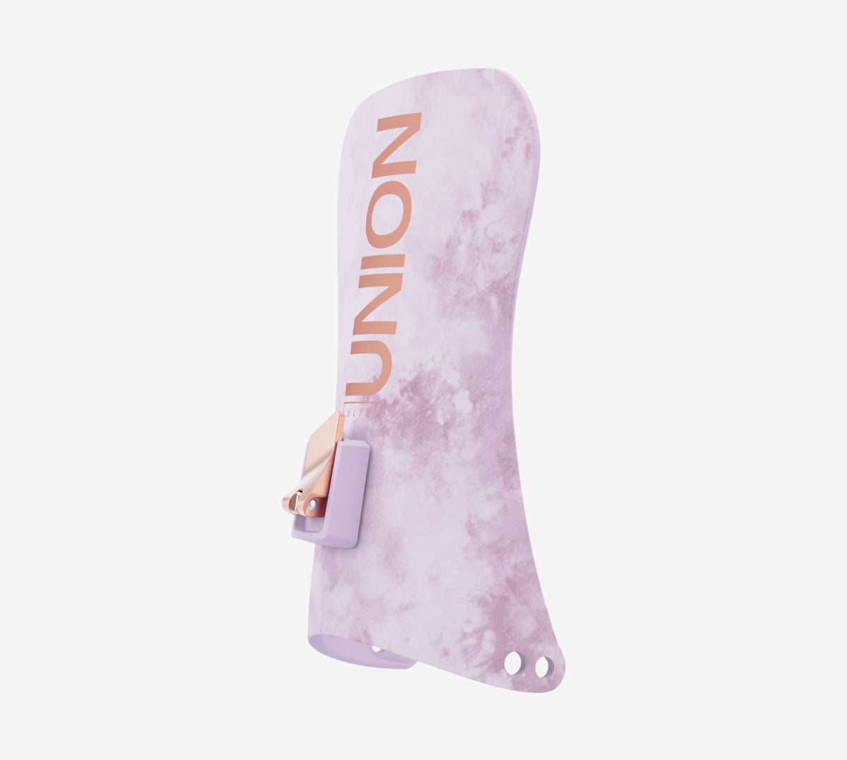 Nahaufnahme der Union Juliet Snowboardbindung mit Tie Dye Muster.