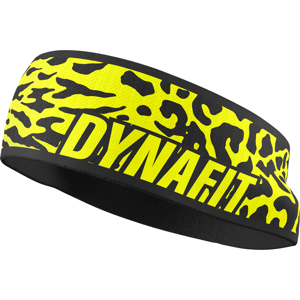 Gelbes Stirnband mit schwarzem Muster und "DYNAFIT" Schriftzug. Sportliches Design für Performance.