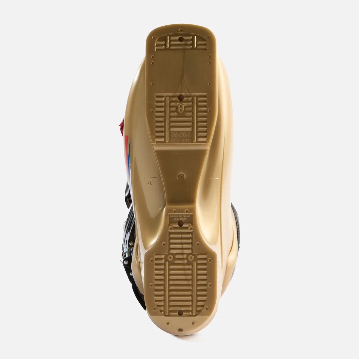 View of the sole of a light brown ski boot with grooves and embossed size information on a white background.
