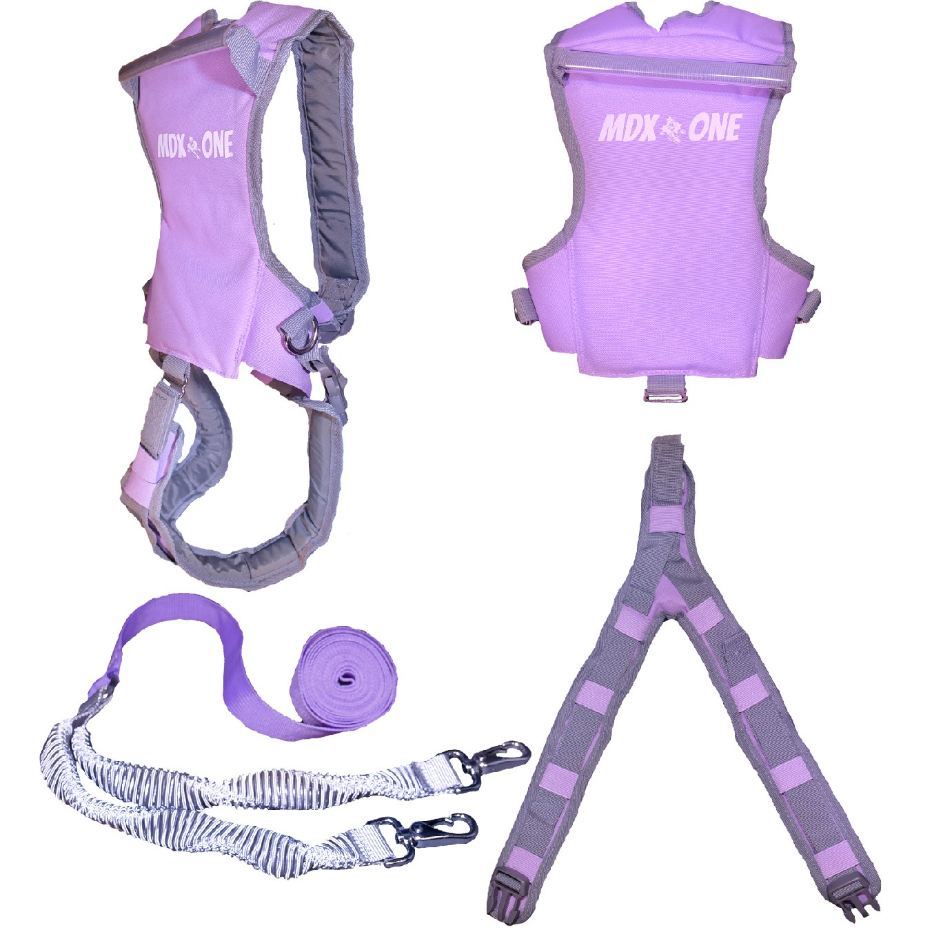 Purple children's climbing harness with logo, leash, roll of webbing and Y-shaped harness on a white background.