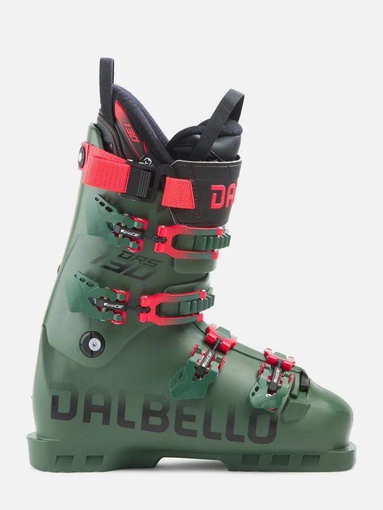 Green ski boot from the brand Dalbello with black details and red buckles against a neutral background.
