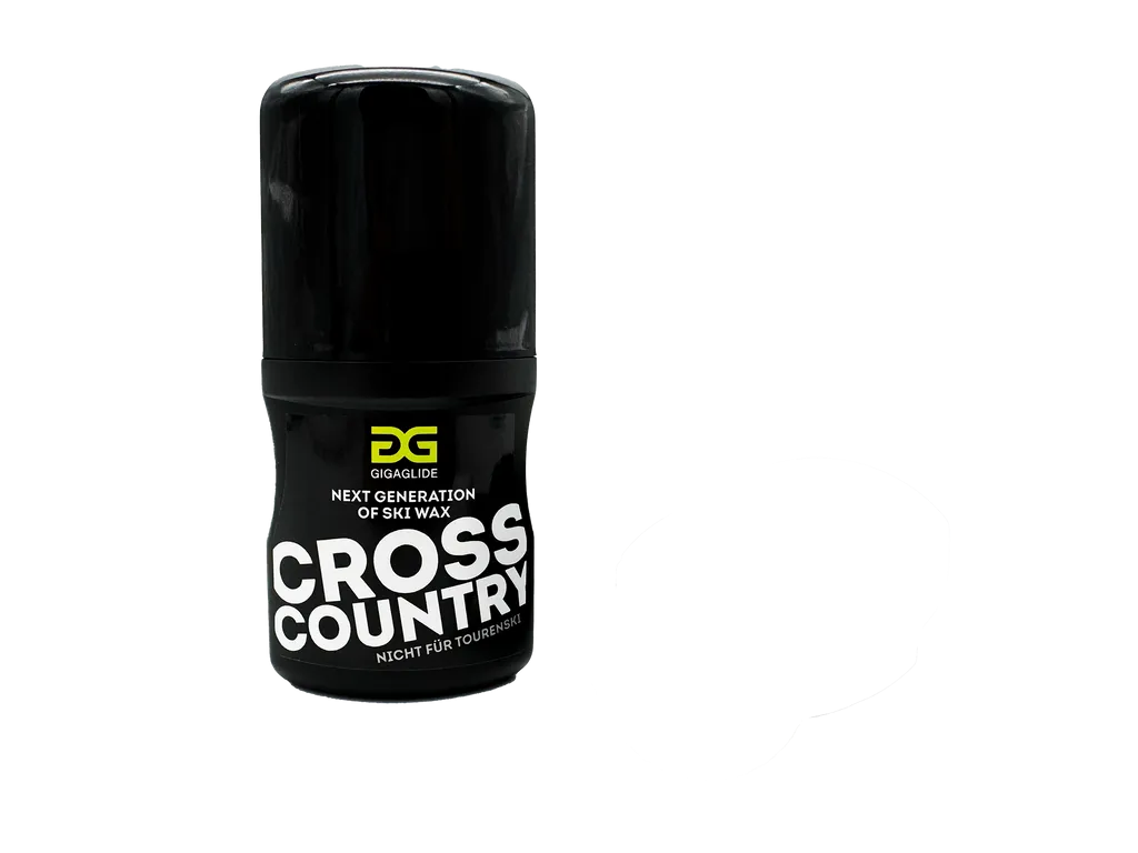 Schwarze 50ml Flasche Gigaglide Cross Country Skiwachs für Langlaufski, mit Schriftzug.