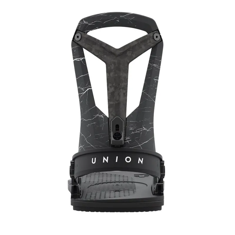 Front view of a black Union Falcor snowboard binding with marble look and carbon element on the highback.
