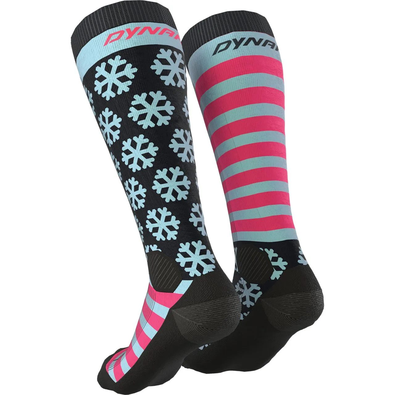 Two Dynafit FT Graphic socks: one with a snowflake pattern, the other with pink and light blue stripes.