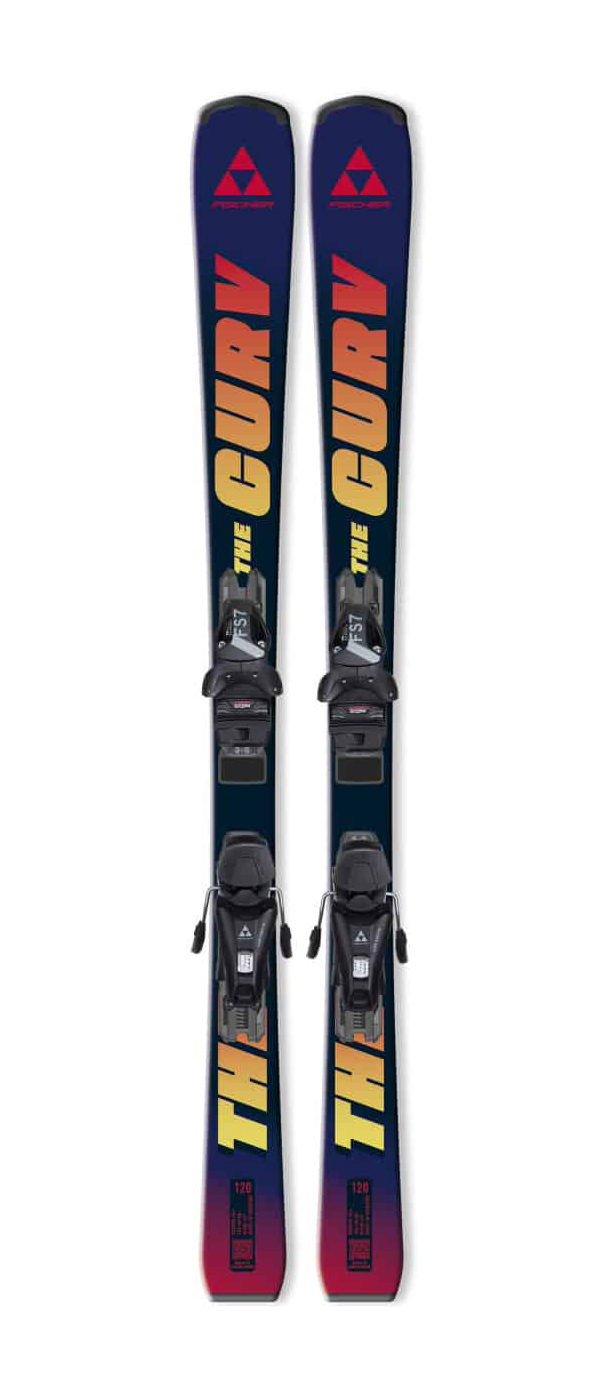 Zwei blaue Fischer The Curv Jr. Ski mit montierten Bindungen, von oben bis unten aufgenommen.