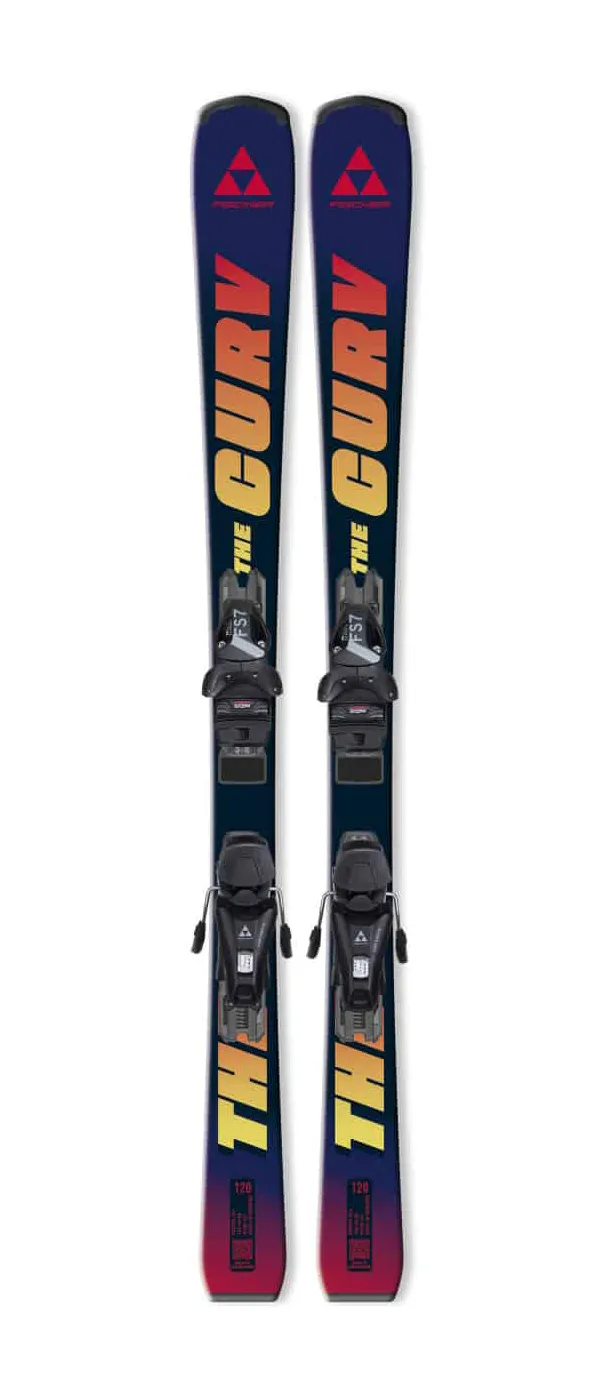Zwei blaue Fischer The Curv Jr. Ski mit montierten Bindungen, von oben bis unten aufgenommen.